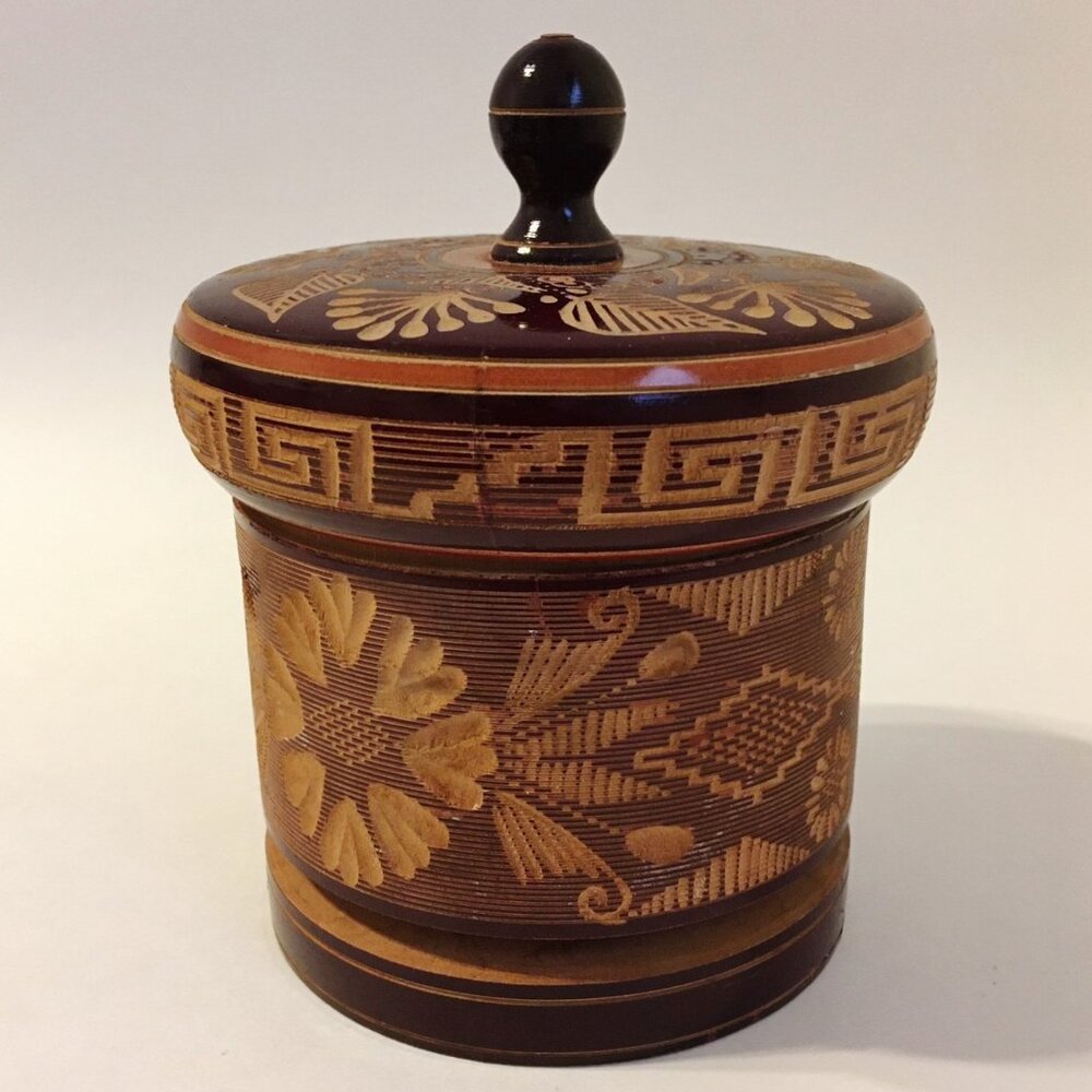 Carved Wood Trinket Jewelry Box Brown Aztec Floral Style Lid Round Vintage